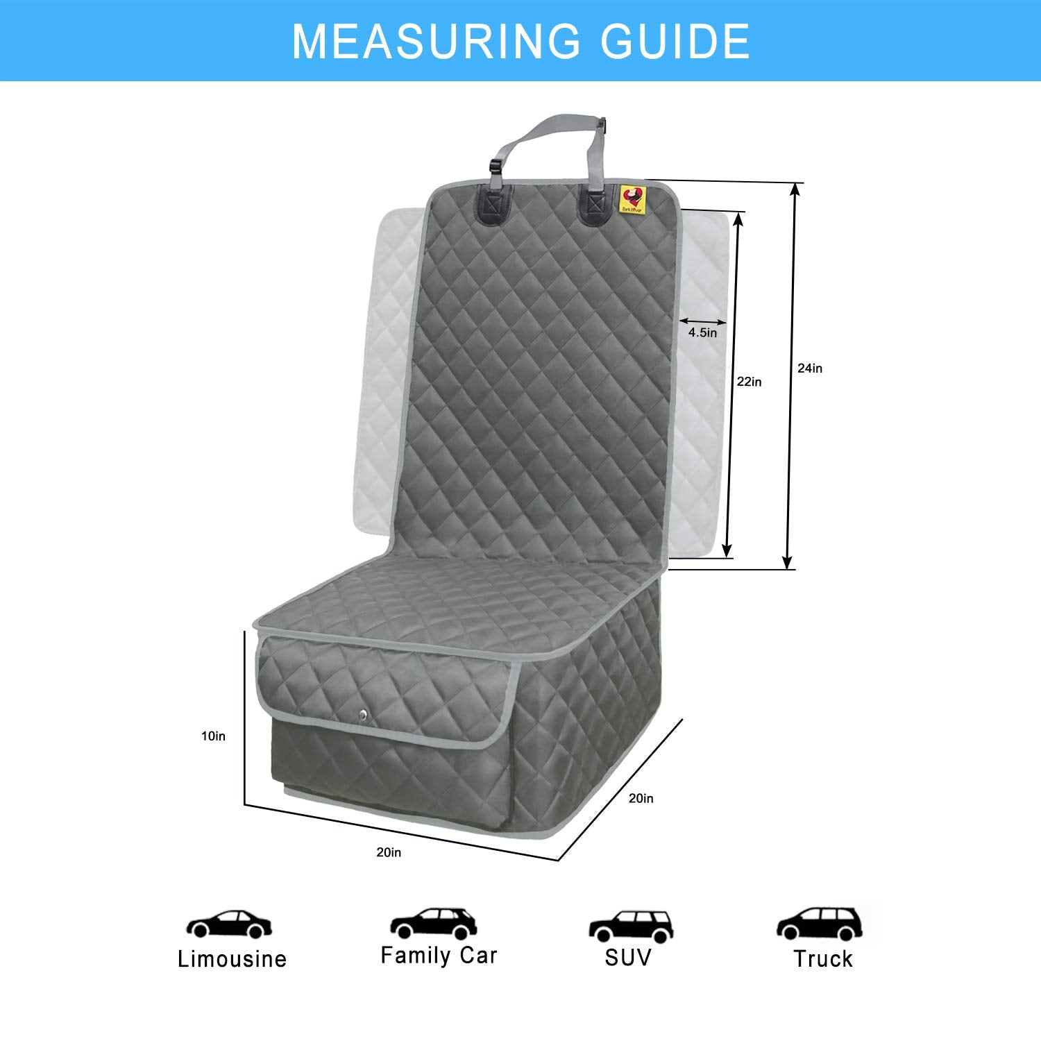 Bark Lover Deluxe Front Seat Dog Car Seat Cover – Waterproof Quilted Protection with Optional Removable Mesh Organizer