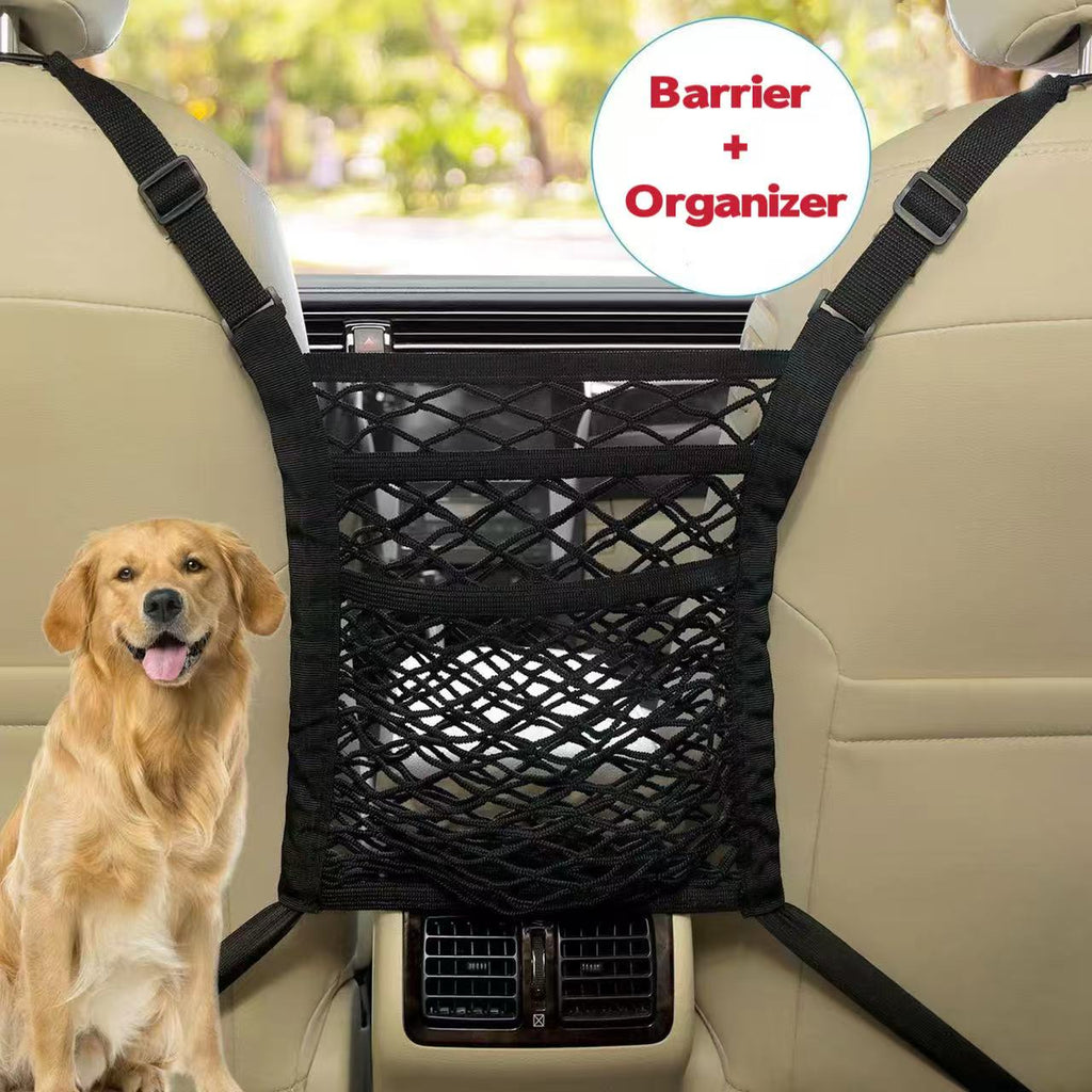 Bark Lover Car Net Barrier & Seat Gap Organizer – Pet & Kid Divider with Storage Pocket + Headrest Hooks