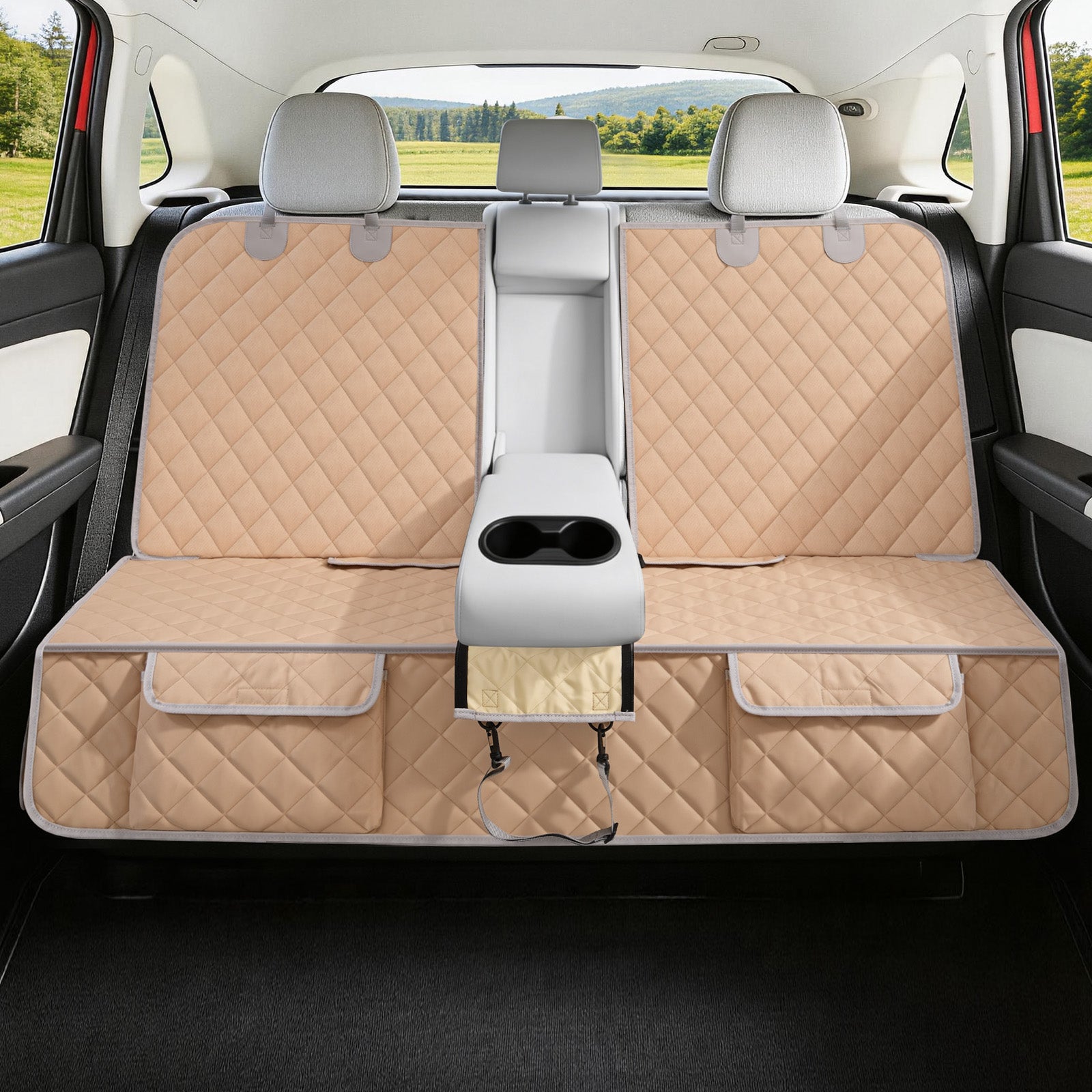 Bark Lover Dog Car Seat Cover for Back Seat, Dual Zipper Waterproof Bench Seat Protector with Barrier Organizer