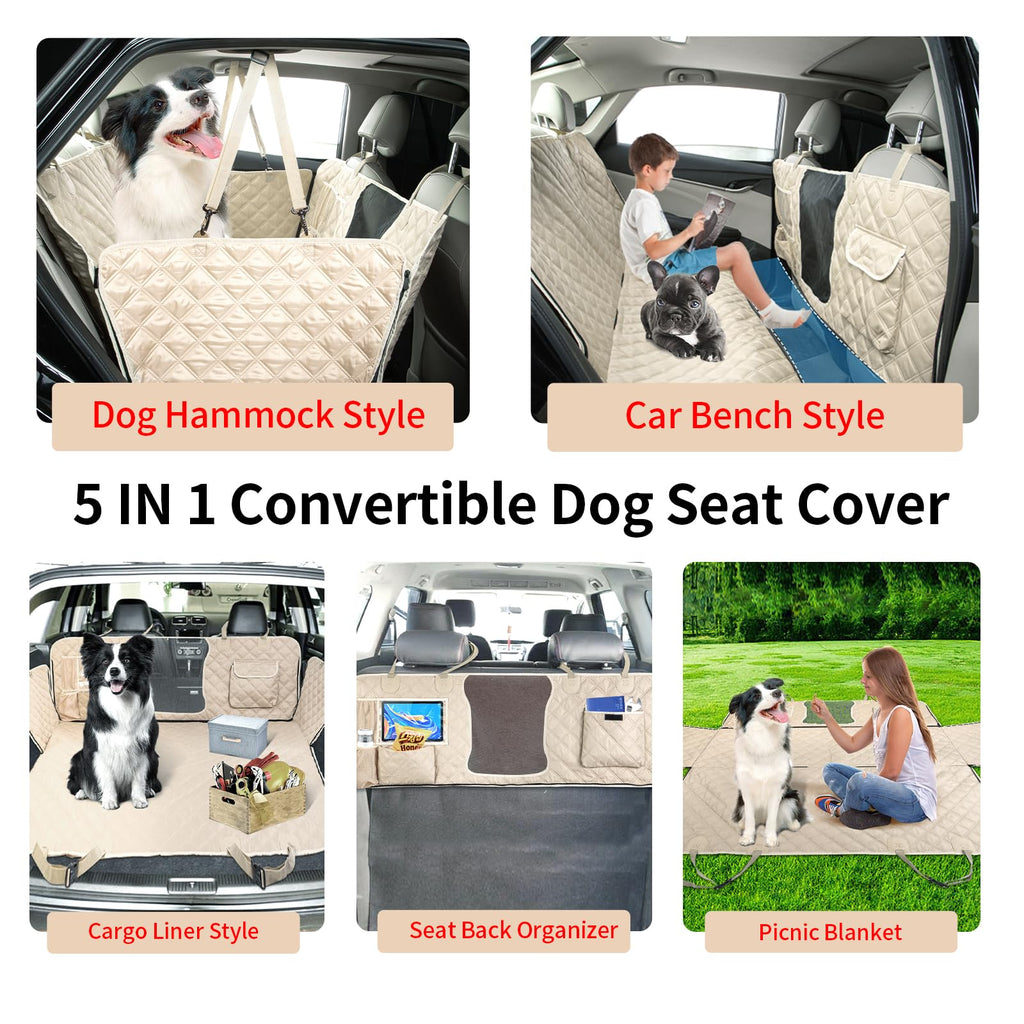 Bark Lover 5-in-1 Convertible Dog Car Seat Cover – Waterproof Hammock & Bench Protector for Cars, SUVs & Trucks and Multiple Pockets