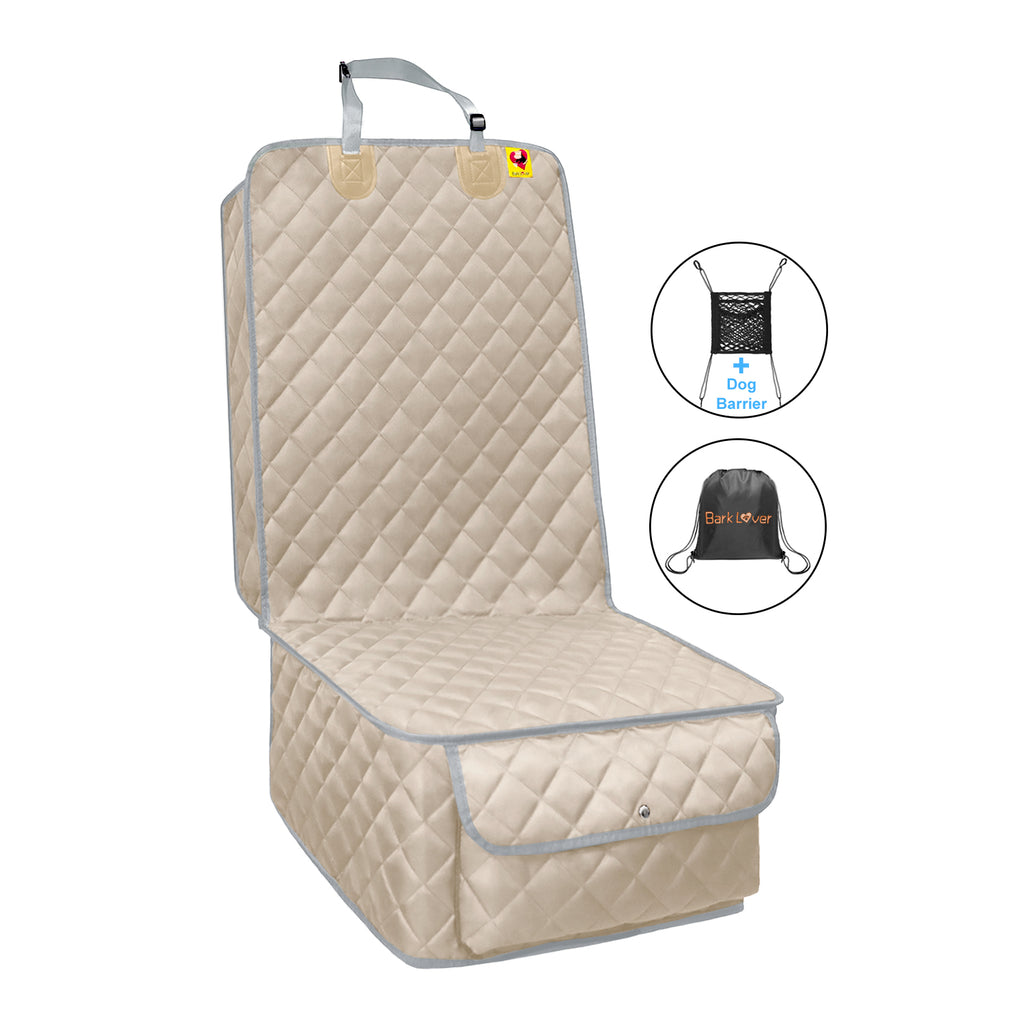 Bark Lover Deluxe Front Seat Dog Car Seat Cover – Waterproof Quilted Protection with Optional Removable Mesh Organizer