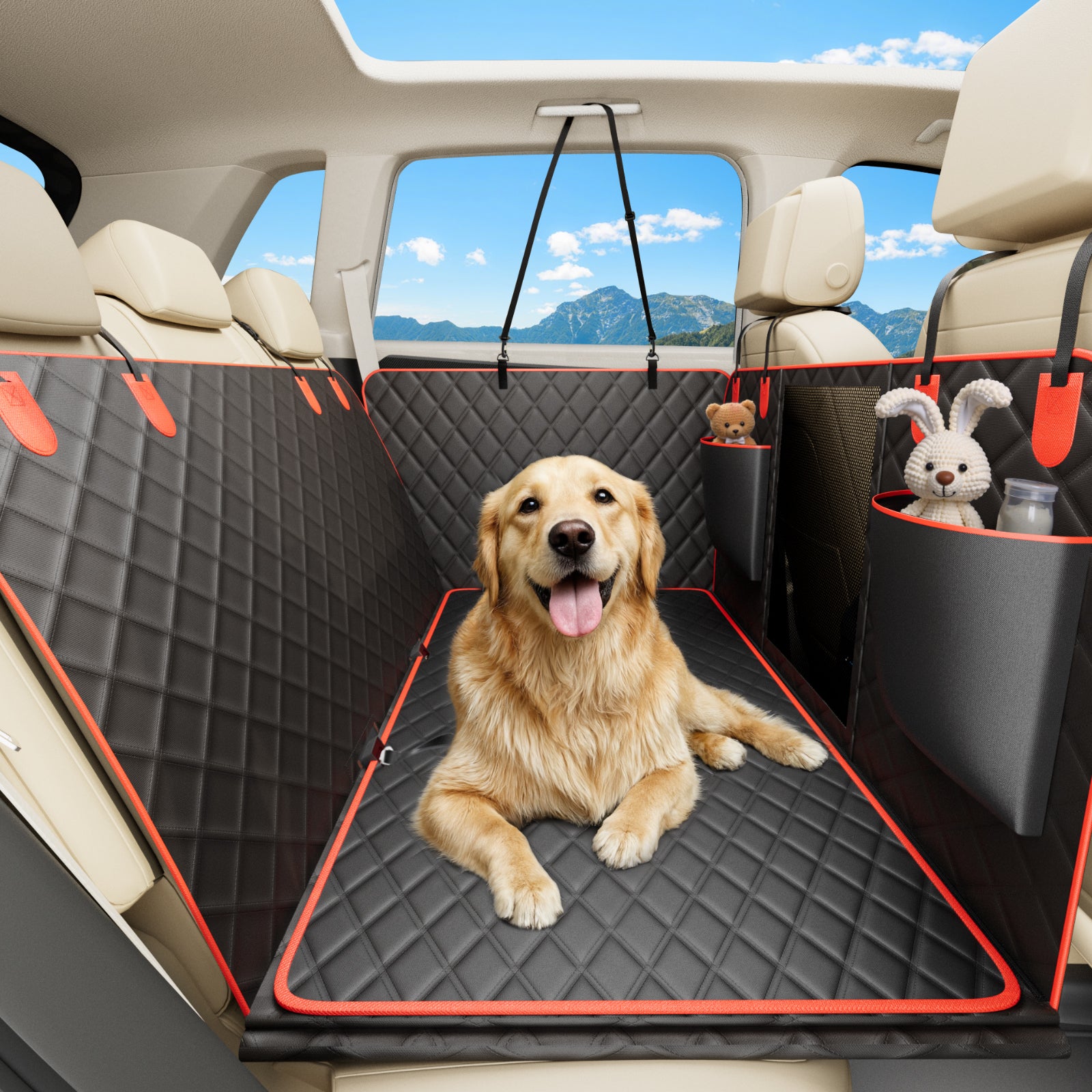 Bark Lover Dog Back Seat Extender Cover – Heavy Duty Hard Bottom Design, Black with Red Trim (Removable Cleaning Layer)