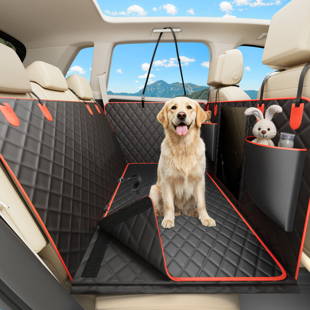 Bark Lover Dog Back Seat Extender Cover – Heavy Duty Hard Bottom Design, Black with Red Trim (Removable Cleaning Layer)