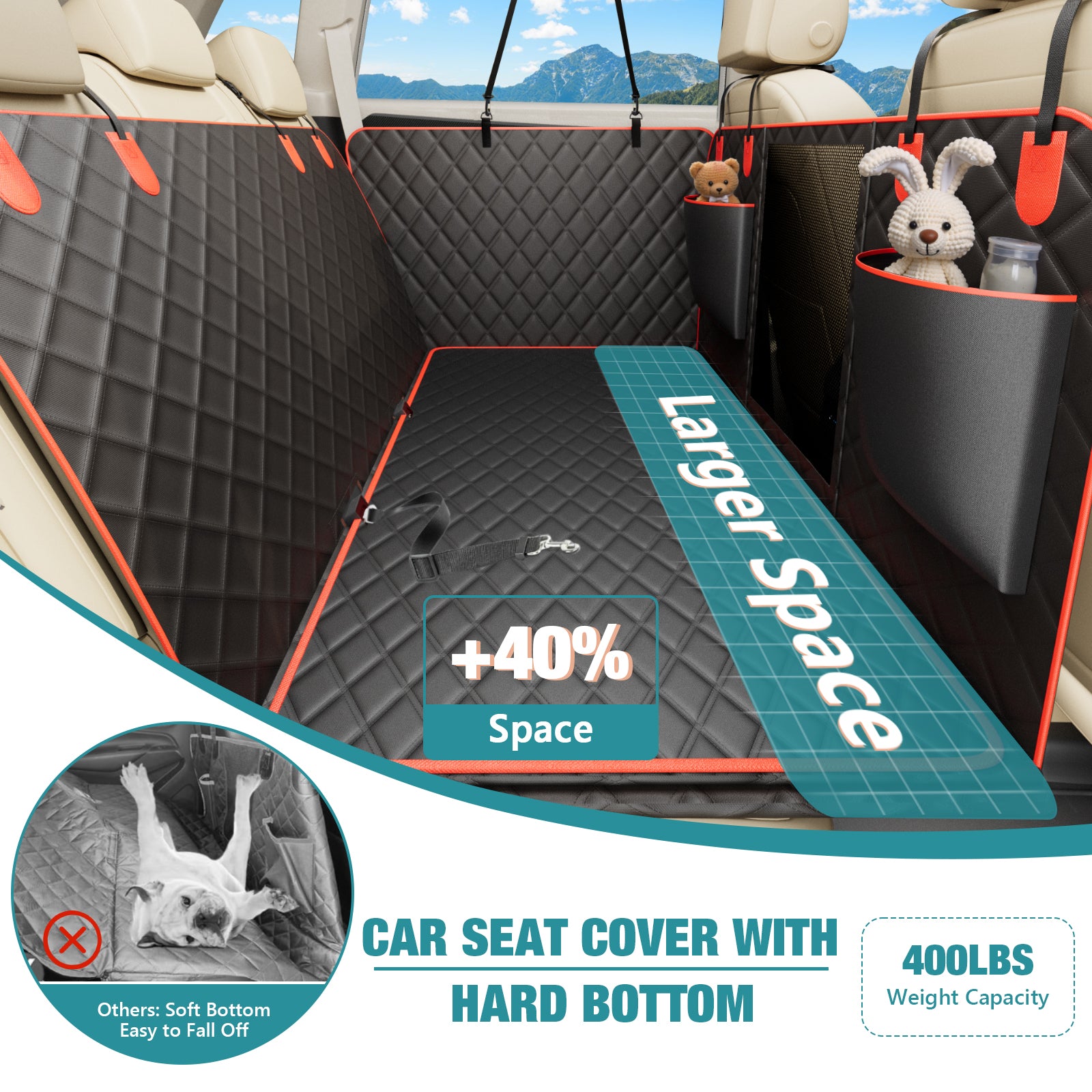 Bark Lover Dog Back Seat Extender Cover – Heavy Duty Hard Bottom Design, Black with Red Trim (Removable Cleaning Layer)