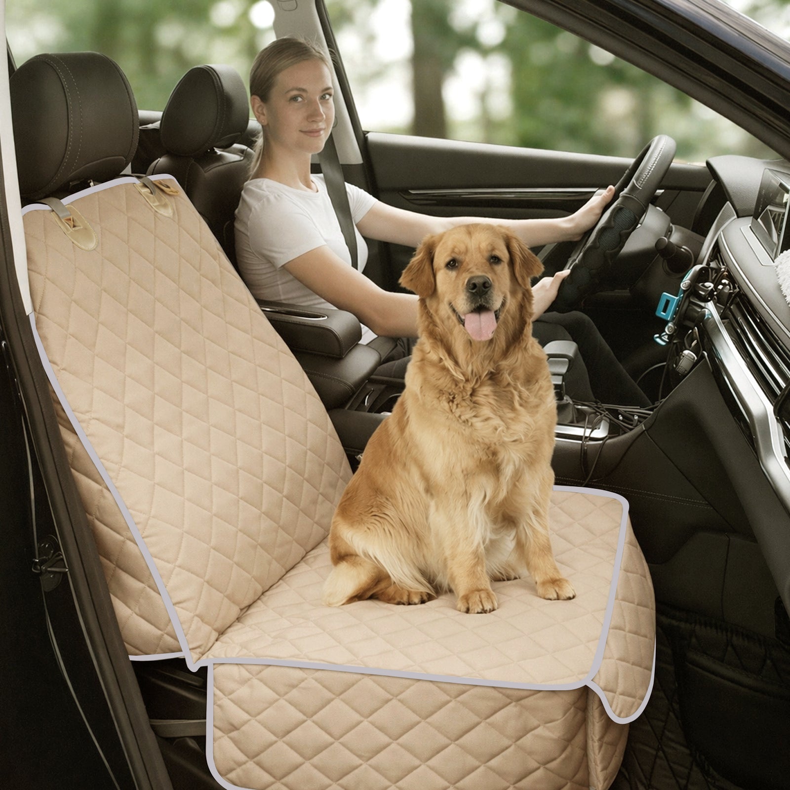 Bark Lover Deluxe Front Seat Dog Car Seat Cover – Waterproof Quilted Protection with Optional Removable Mesh Organizer