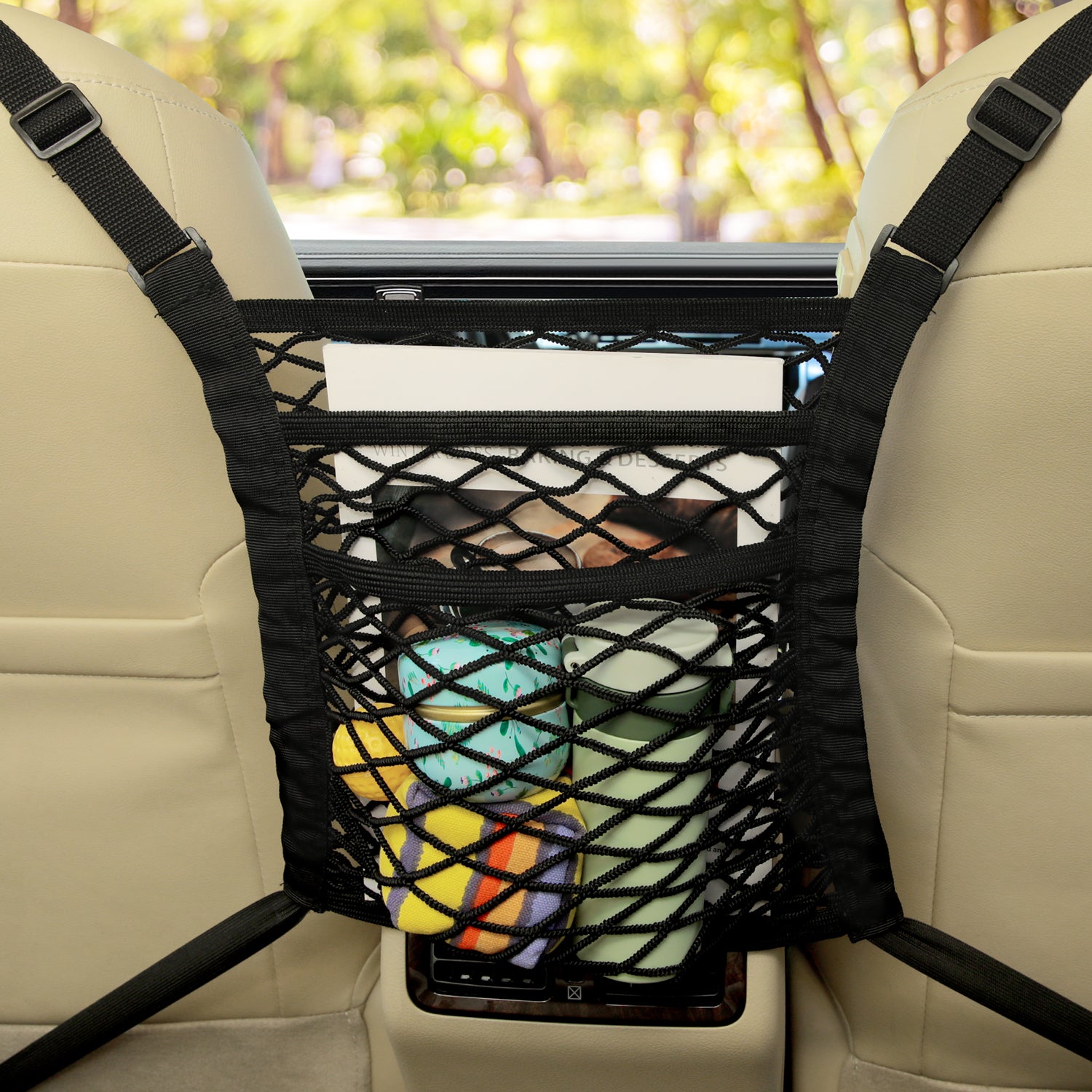 Bark Lover Car Net Barrier & Seat Gap Organizer – Pet & Kid Divider with Storage Pocket + Headrest Hooks