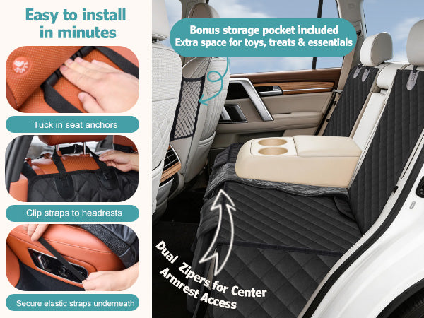 Bark Lover Dog Car Seat Cover for Back Seat, Dual Zipper Waterproof Bench Seat Protector with Barrier Organizer