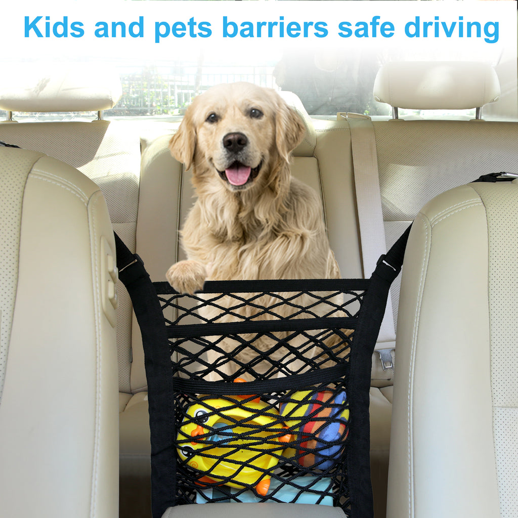 Bark Lover Car Net Barrier & Seat Gap Organizer – Pet & Kid Divider with Storage Pocket + Headrest Hooks