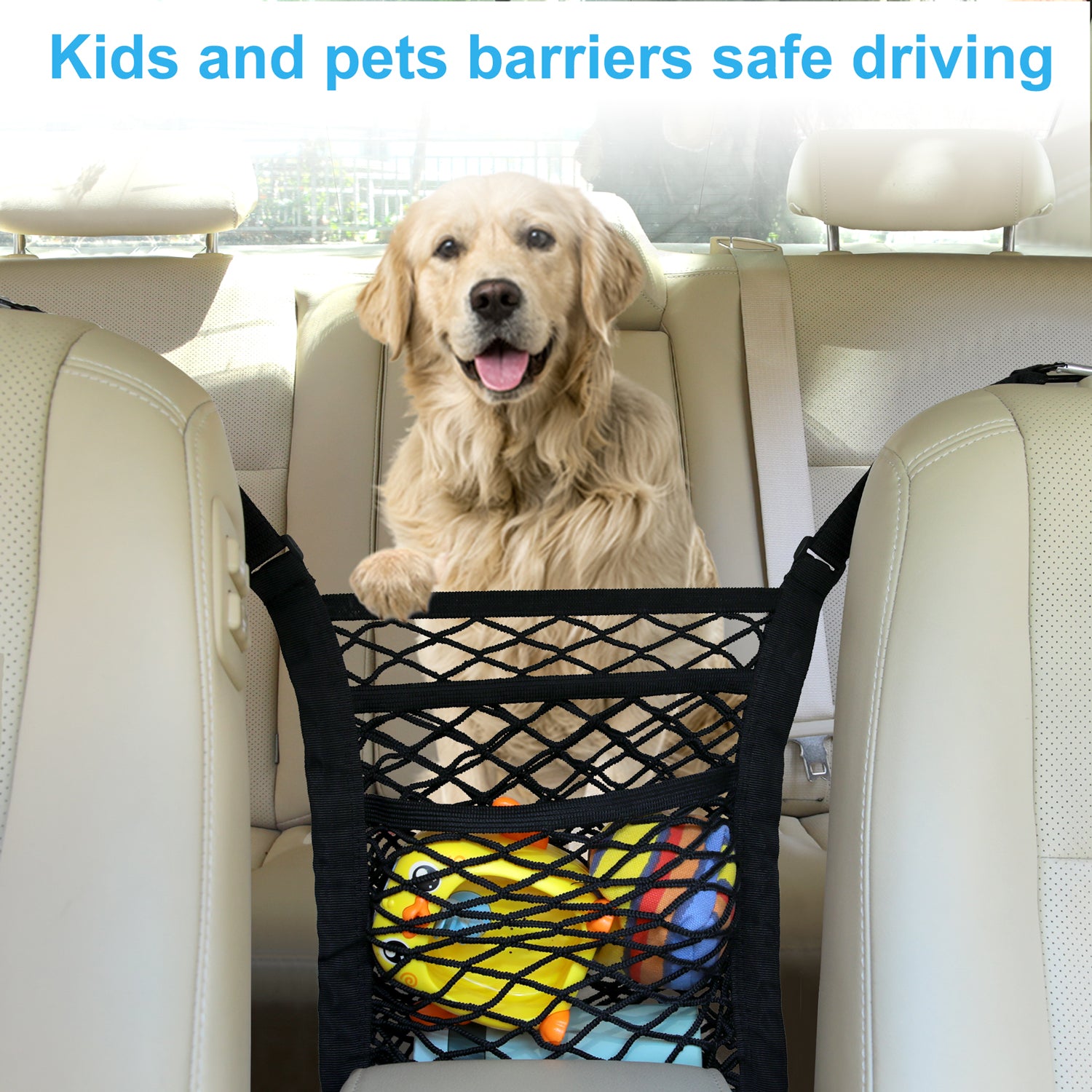 Bark Lover Car Net Barrier & Seat Gap Organizer – Pet & Kid Divider with Storage Pocket + Headrest Hooks
