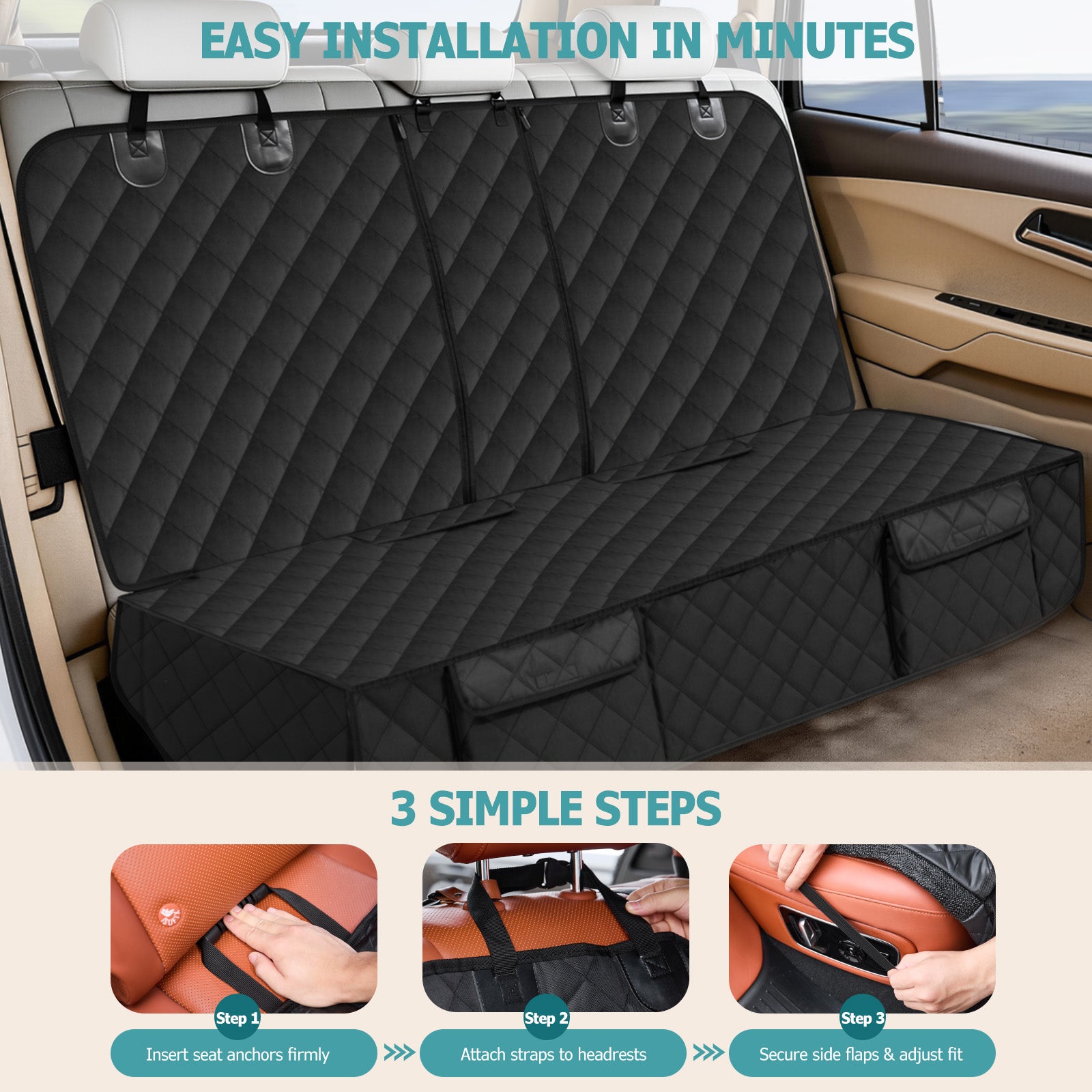 Bark Lover Dog Car Seat Cover for Back Seat, Dual Zipper Waterproof Bench Seat Protector with Barrier Organizer