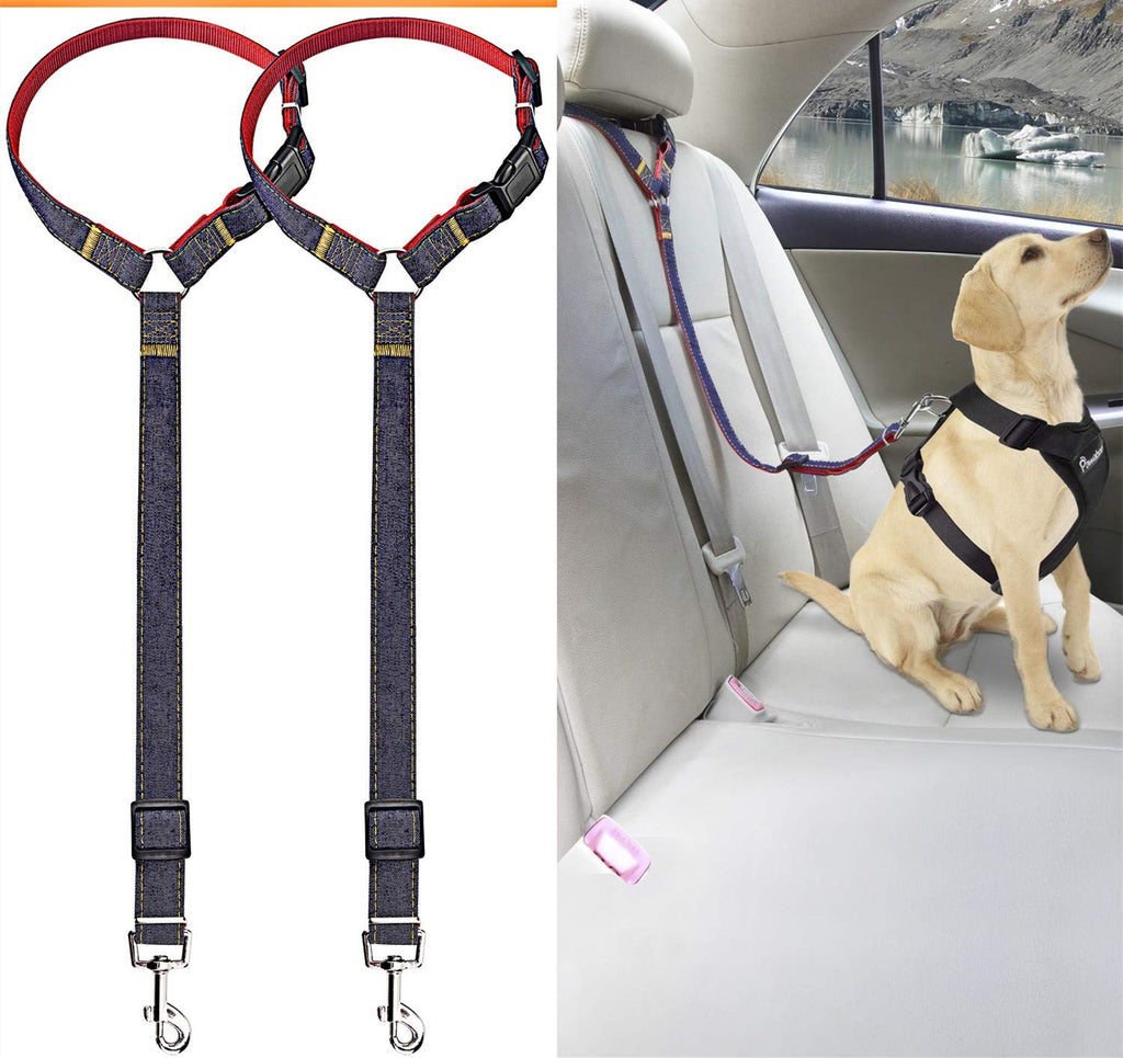Bark Lover Adjustable Dog Car Seat Belt & Leash – Denim Style Headrest Safety Strap, 2-Pack (Limited Stock)