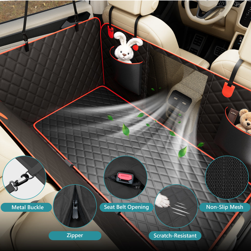 Bark Lover Dog Back Seat Extender Cover – Heavy Duty Hard Bottom Design, Black with Red Trim (Removable Cleaning Layer)