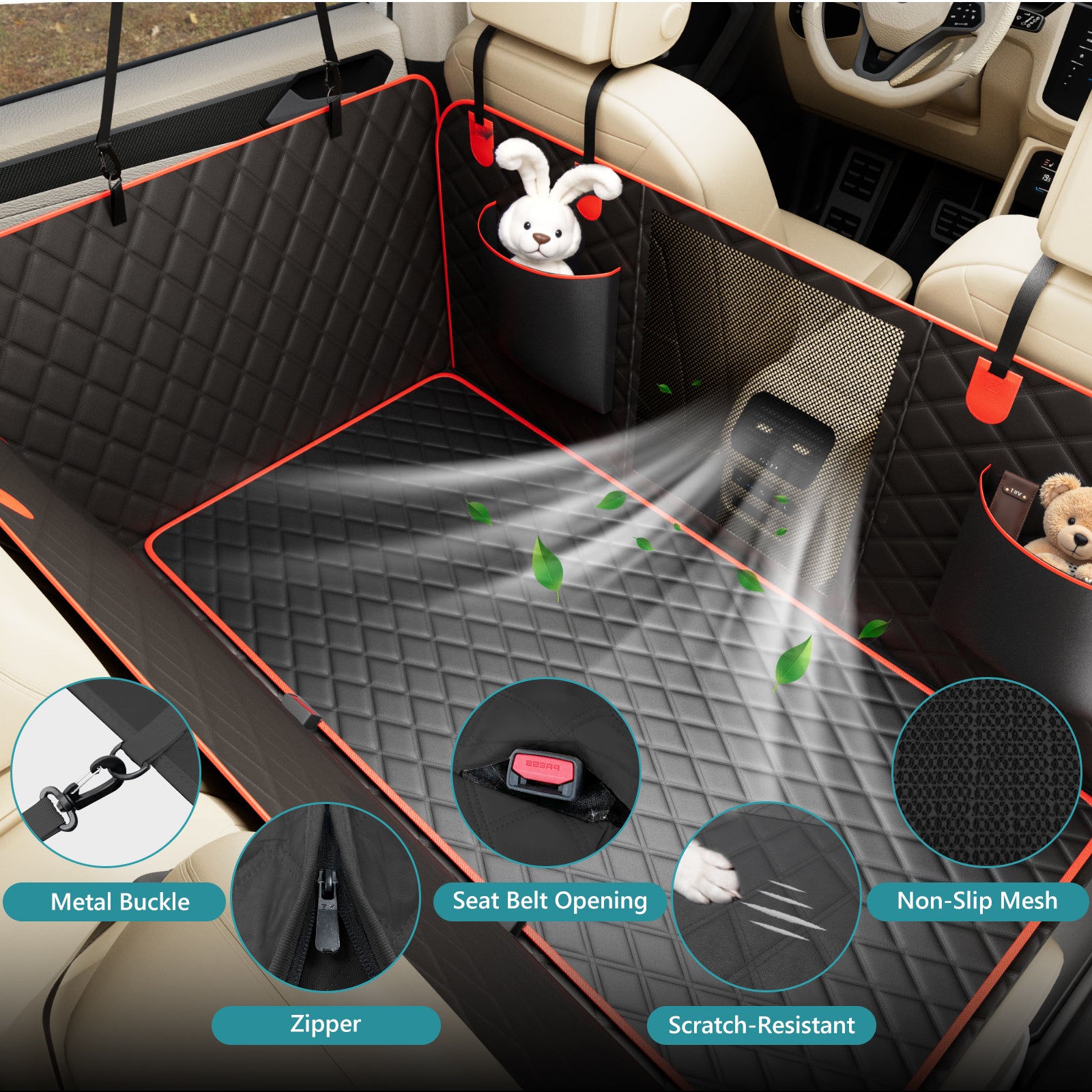 Bark Lover Dog Back Seat Extender Cover – Heavy Duty Hard Bottom Design, Black with Red Trim (Removable Cleaning Layer)