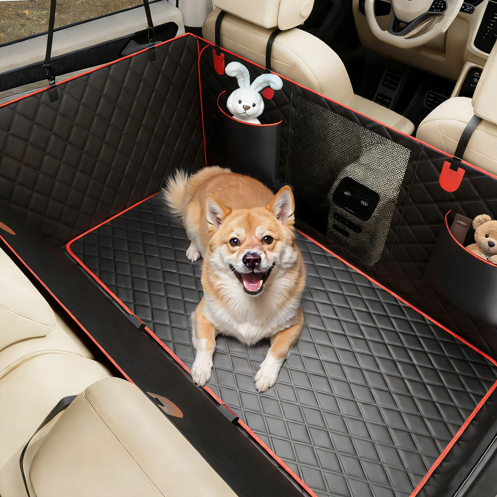 Bark Lover Dog Back Seat Extender Cover – Heavy Duty Hard Bottom Design, Black with Red Trim (Removable Cleaning Layer)