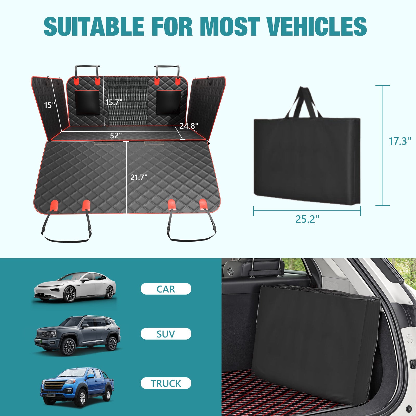 Bark Lover Dog Back Seat Extender Cover – Heavy Duty Hard Bottom Design, Black with Red Trim (Removable Cleaning Layer)