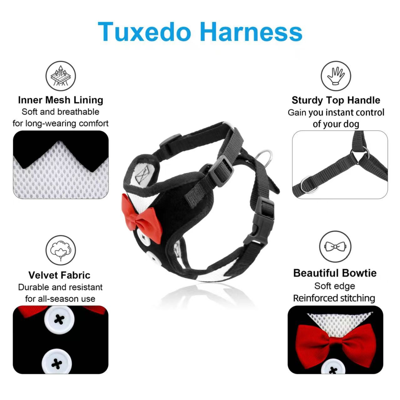 Bark Lover Tuxedo Dog Harness with Bowtie – Adjustable H-Style Mesh Harness for Small Dogs & Puppies
