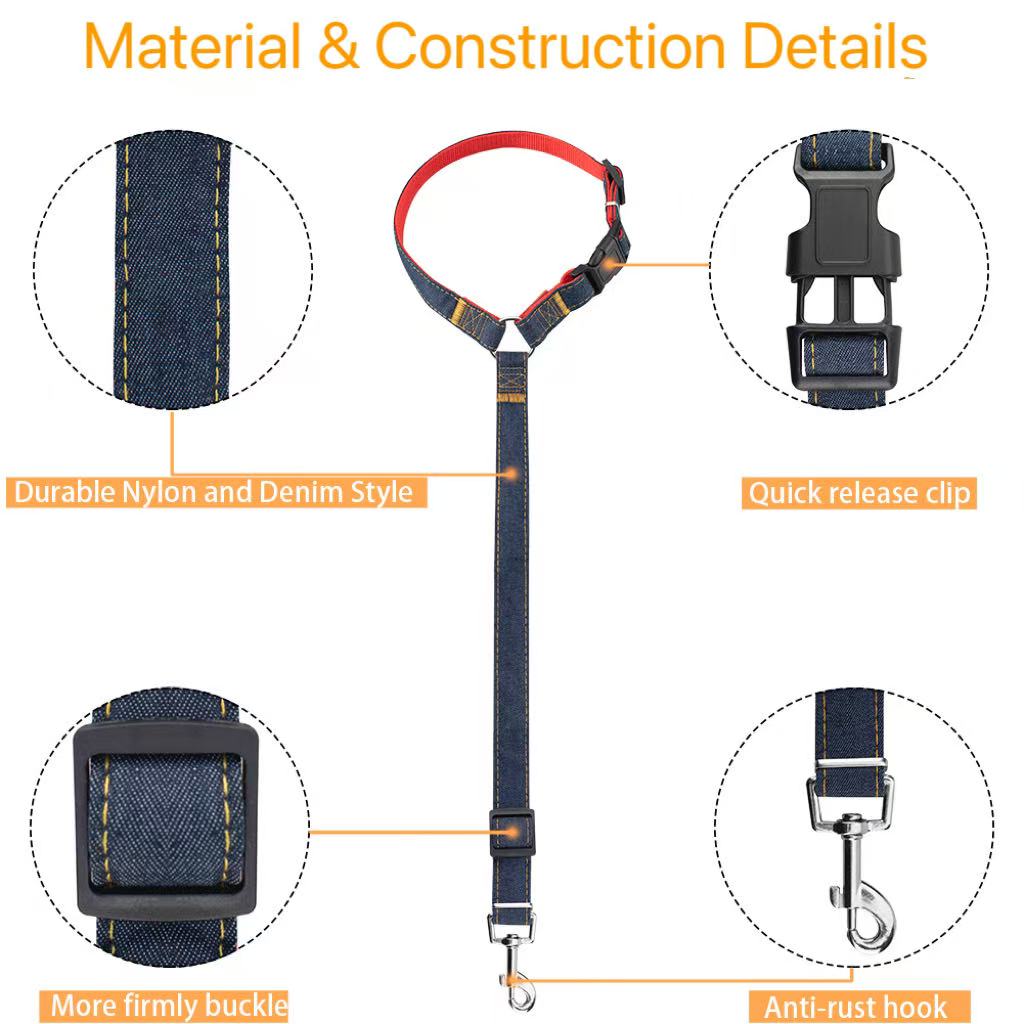 Bark Lover Adjustable Dog Car Seat Belt & Leash – Denim Style Headrest Safety Strap, 2-Pack (Limited Stock)